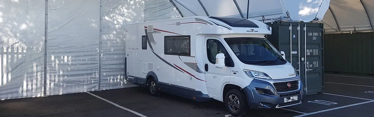 Motorhome in a covered storage bay